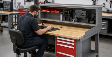 Man performing electronics assembly at a Lyon modular drawer workbench