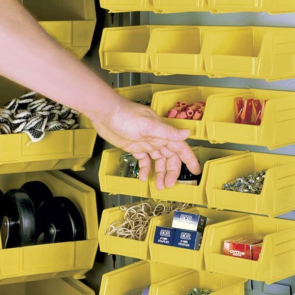 Removable plastic parts bins increase storage density, are corrosion resistant, and impervious to most solvents. Easily clip on and off racks.