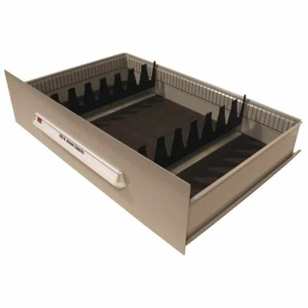 Rubber-coated partitions protect and secure rifles in each drawer.