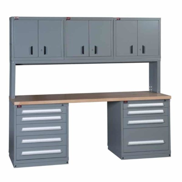 Wide Two-Cabinet Industrial Workbench with Drawers and Bookcase Concept 16