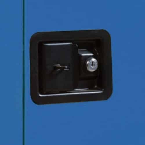 Black, flush-mounted paddle handle design allows easy fingertip operation and features a double key set and padlock hasp.