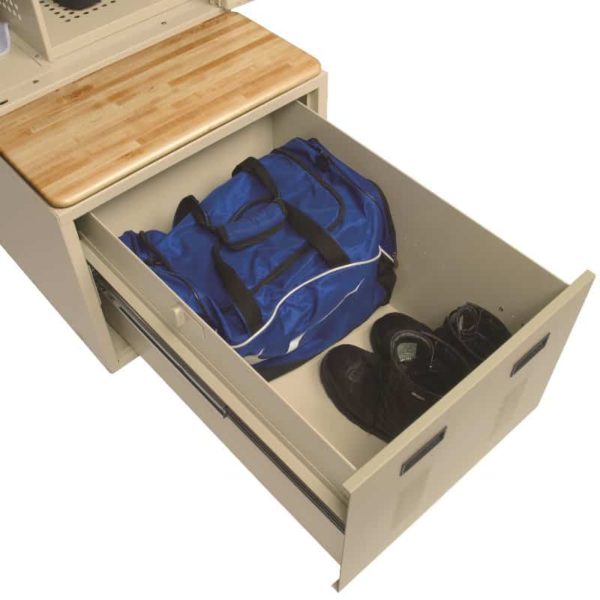 The lower drawer unit provides ample storage for boots, duffel bags, and larger gear.
