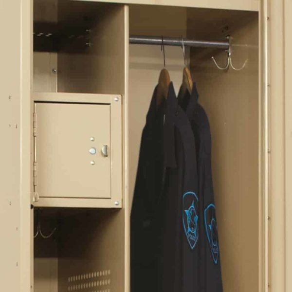 The divided vertical space allows for hanging garments. Store smaller personal items in the personal security kit.
