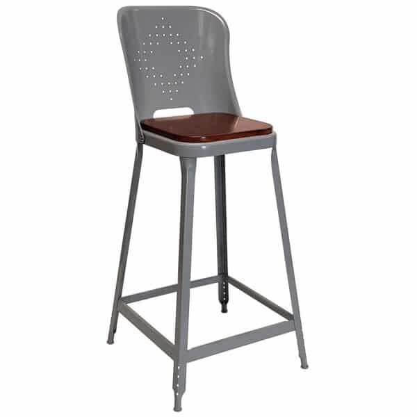 Lyon 1901 Metal Stool 24-inch with Back and Wood Seat Dove Gray