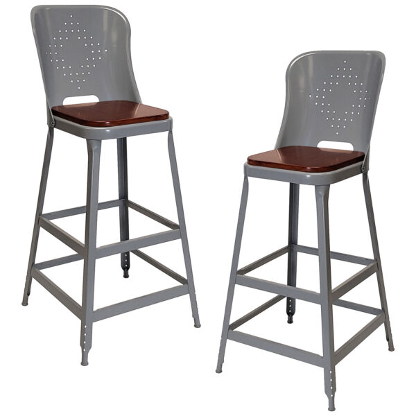 Lyon 1901 Metal Stool 30-inch with Back and Wood Seat 2-Pack Dove Gray