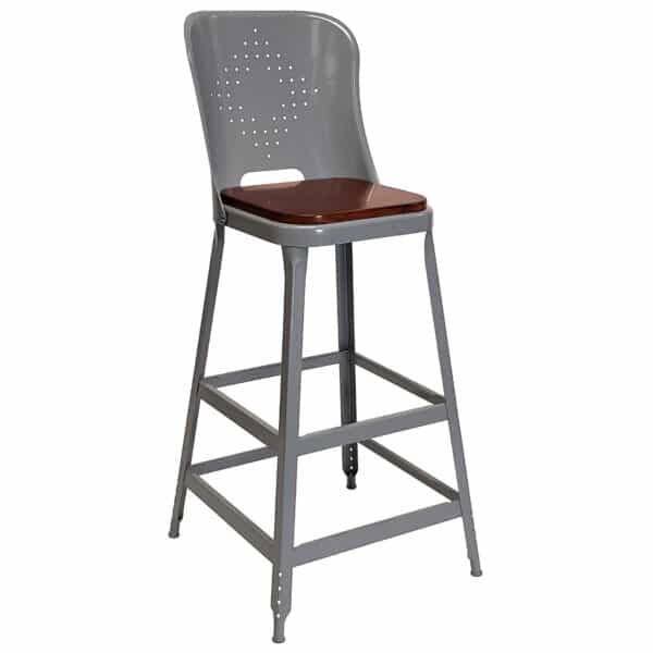 Lyon 1901 Metal Stool with Back and Wood Seat Dove Gray