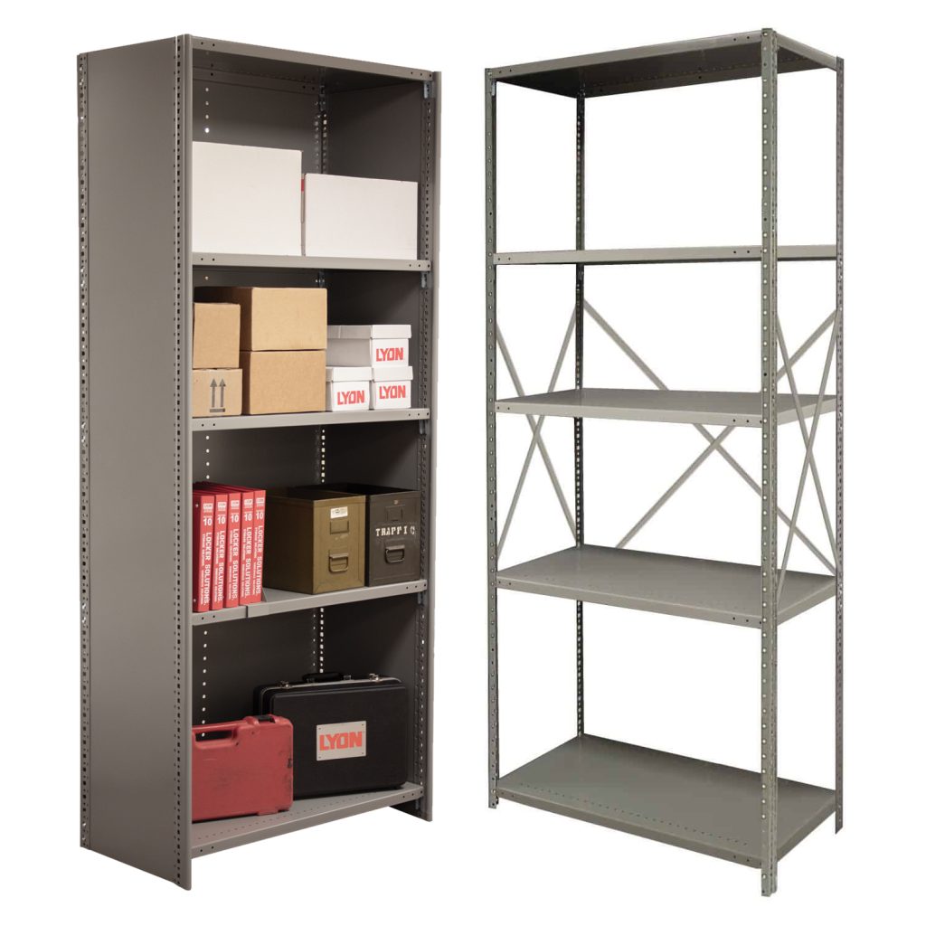 Lyon 2000 series closed beaded shelving and open angle shelving units