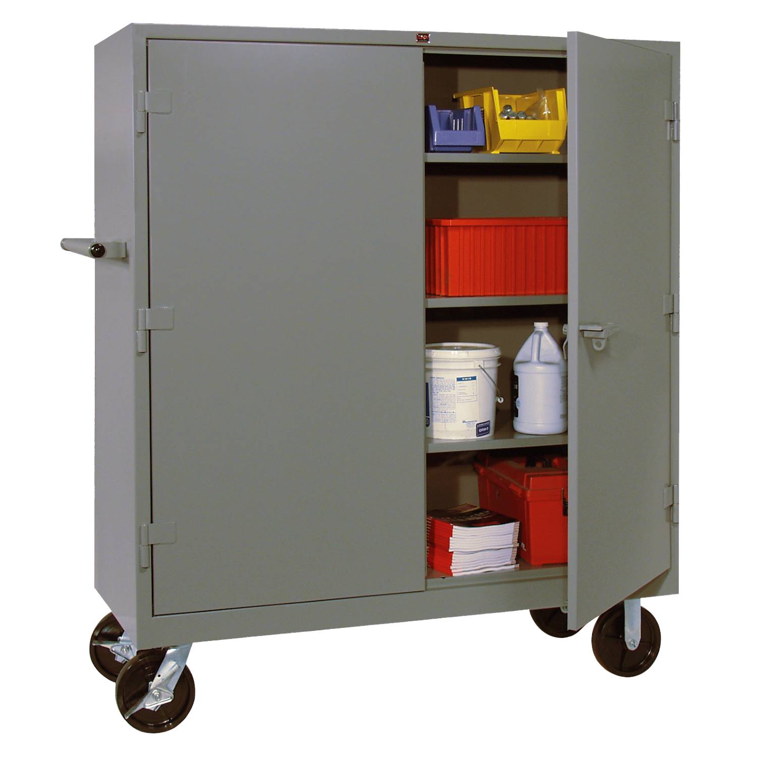 https://www.lyonworkspace.com/wp-content/uploads/lyon-all-welded-mobile-shelf-cabinet-1170-dove-gray-with-props.jpg