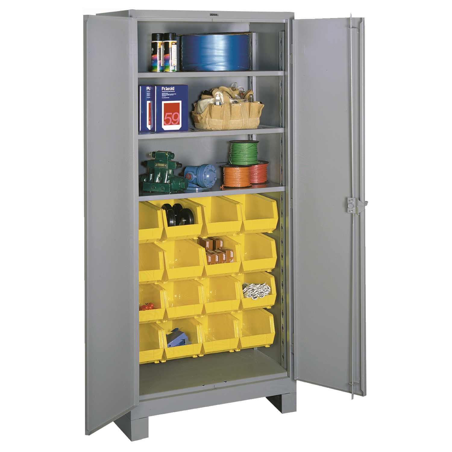 https://www.lyonworkspace.com/wp-content/uploads/lyon-all-welded-shelf-bin-cabinet-1123-dove-gray-with-props.jpg