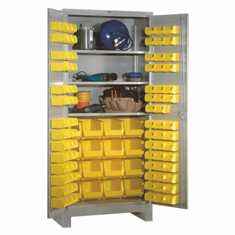 Lyon 36W x 21D x 82H All-Welded Steel Industrial Bin Storage Cabinet - 102 Plastic Yellow Bins - 3 Adjustable Shelves - Made in The USA