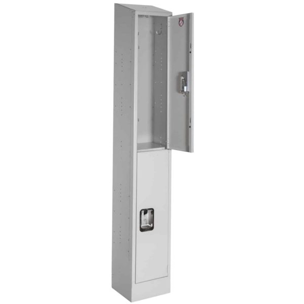 Double Tier Antimicrobial Healthcare Locker includes hooks for hanging personal items.