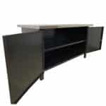 lyon cabinet workbench with open swinging doors and stainless steel top