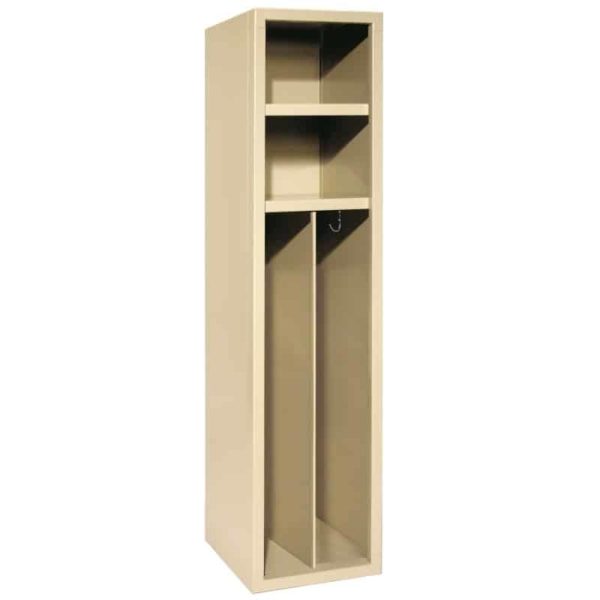 2 Person Cubby includes two shelves, vertical partition, and single prong hooks.
