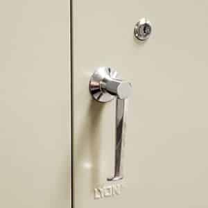 The polished chrome plated handle easily turns to hold the doors closed. A built-in grooved key lock provides further security when the cabinet is not in use.
