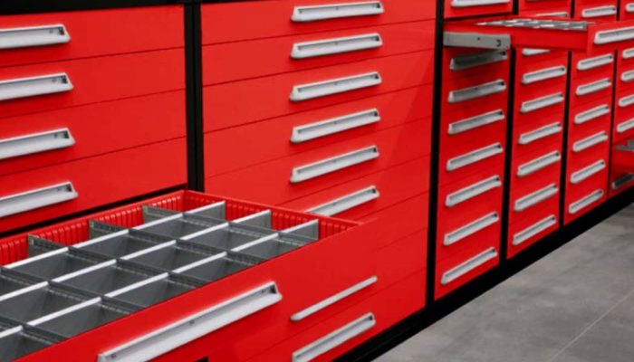 Red and Black Modular Drawer Cabinets with Layout Kits
