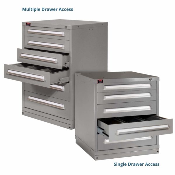 Cabinets with multiple drawer access allow several drawers to be open at one time, while single drawer access allows only one drawer to be open.