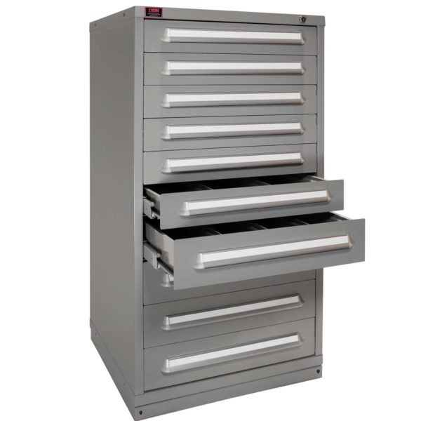 Cabinets with multiple drawer access allow several drawers to be open at one time.