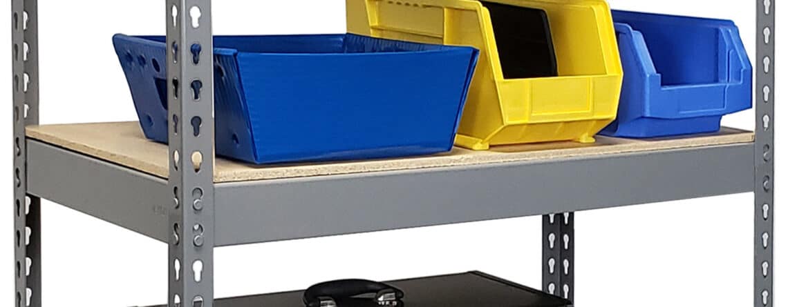 Lyon rivet rack shelving with particle board decking close up