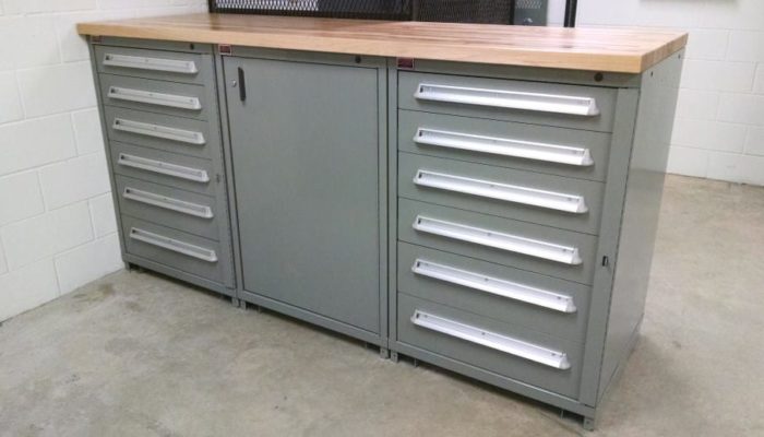lyon tool crib workbench with modular cabinets and hardwood top